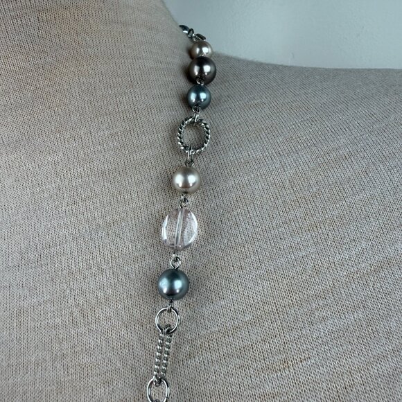 Premier Designs Gray, Clear & Silver Tone Bead Chain Link Necklace 48" - Picture 5 of 8